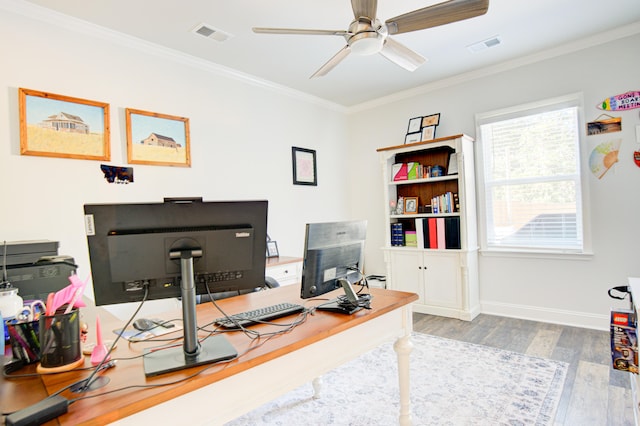 office space featuring light wood-type flooring, ceiling fan, and crown molding