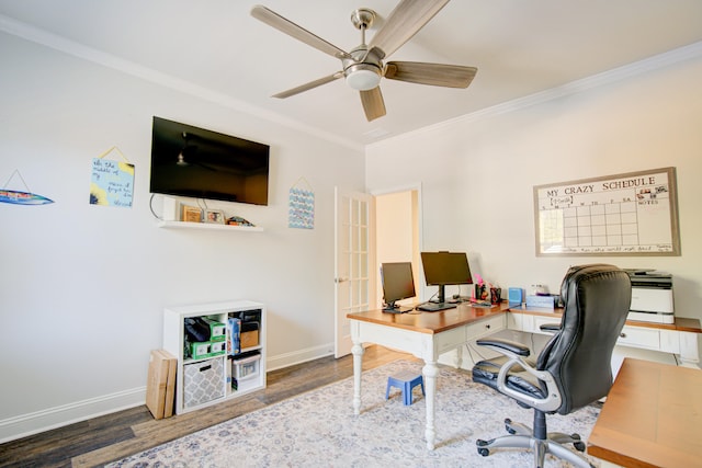 office space featuring dark hardwood / wood-style floors, ceiling fan, and crown molding