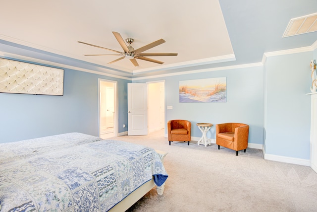 carpeted bedroom with ceiling fan and ornamental molding