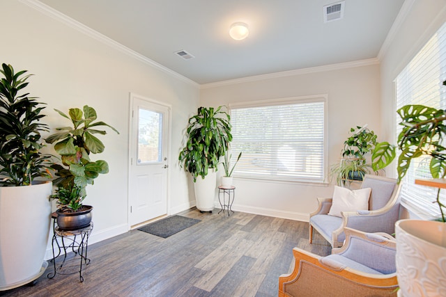 sitting room featuring dark hardwood / wood-style flooring and crown molding