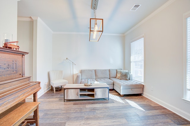 living room featuring ornamental molding and hardwood / wood-style flooring