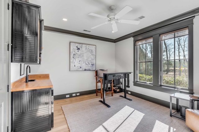 office area featuring crown molding, light hardwood / wood-style flooring, and ceiling fan