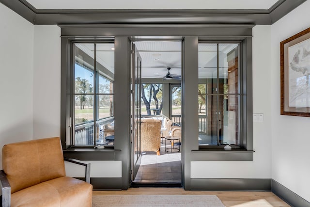 doorway with ceiling fan and light hardwood / wood-style floors