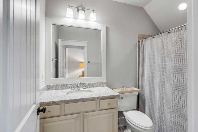 bathroom with vanity, a shower with curtain, vaulted ceiling, and toilet