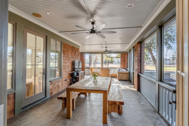 sunroom / solarium featuring ceiling fan and wooden ceiling