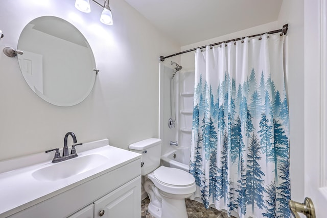 full bath featuring vanity, toilet, and shower / bath combo with shower curtain