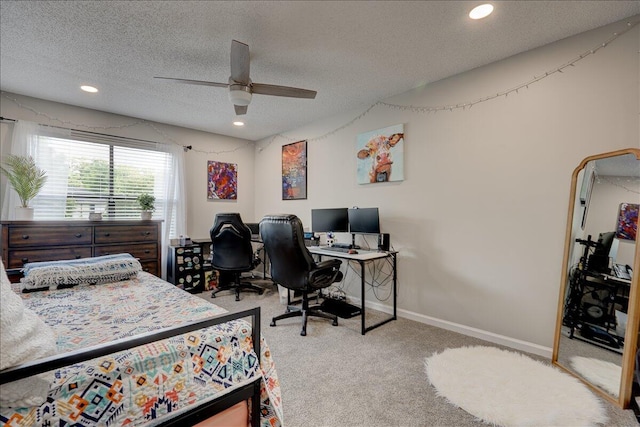 bedroom with a ceiling fan, carpet floors, a textured ceiling, baseboards, and recessed lighting