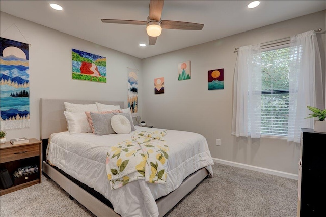 bedroom with baseboards, ceiling fan, recessed lighting, and carpet