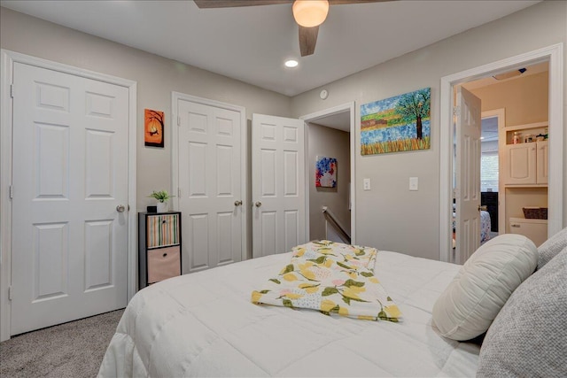 bedroom with ceiling fan, carpet flooring, and recessed lighting