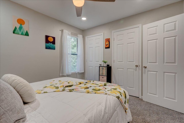 bedroom with carpet, ceiling fan, and recessed lighting