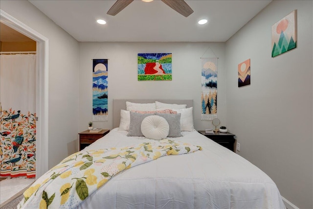 bedroom with recessed lighting and ceiling fan