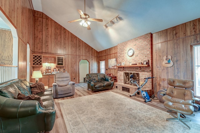 living room with light wood-type flooring, plenty of natural light, and wood walls