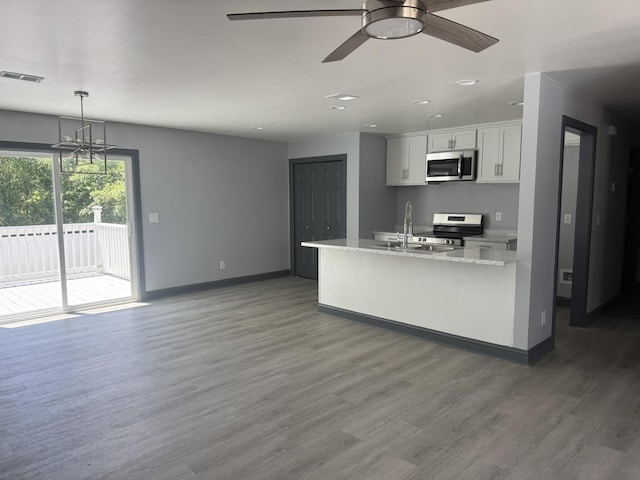 109 NW Haddock Rd, Orangeburg, SC 29115 - kitchen with appliances with stainless steel finishes, recessed lighting, baseboards, wood finished floors, and a ceiling fan