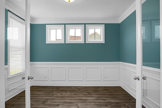 661 Black Pine Rd, Moncks Corner, SC 29461 - unfurnished room featuring french doors, crown molding, healthy amount of natural light, a wainscoted wall, and dark wood finished floors