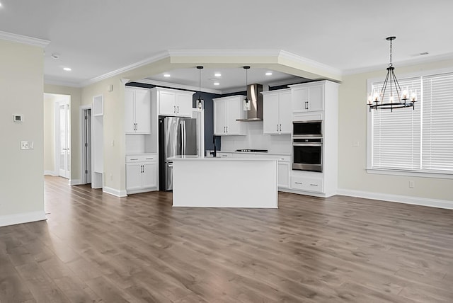 661 Black Pine Rd, Moncks Corner, SC 29461 - kitchen with appliances with stainless steel finishes, ornamental molding, wall chimney exhaust hood, baseboards, and a chandelier