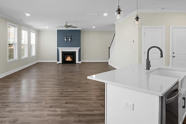 661 Black Pine Rd, Moncks Corner, SC 29461 - kitchen featuring crown molding, ceiling fan, dark wood-style flooring, light countertops, and recessed lighting