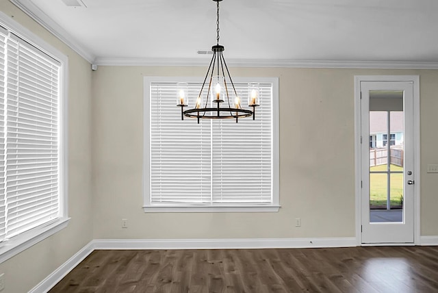 661 Black Pine Rd, Moncks Corner, SC 29461 - unfurnished dining area with dark wood-style floors, baseboards, a chandelier, and ornamental molding