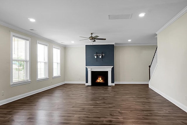 661 Black Pine Rd, Moncks Corner, SC 29461 - unfurnished living room with crown molding, a ceiling fan, recessed lighting, dark wood-type flooring, and baseboards