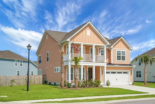 661 Black Pine Rd, Moncks Corner, SC 29461 - view of front facade with board and batten siding, concrete driveway, an attached garage, a porch, and a balcony