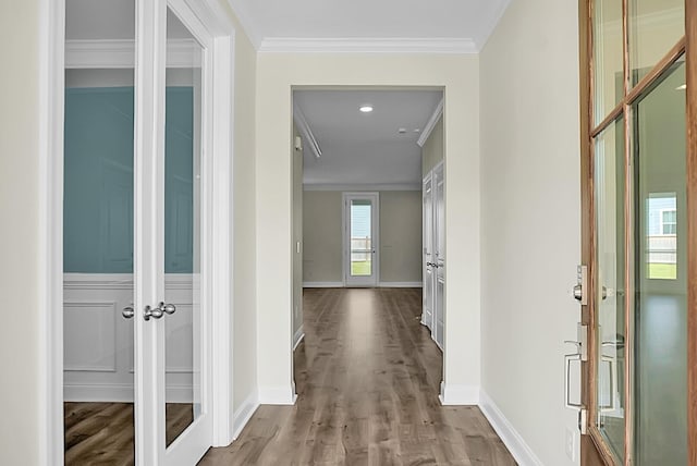 661 Black Pine Rd, Moncks Corner, SC 29461 - corridor with wood finished floors, baseboards, ornamental molding, and french doors