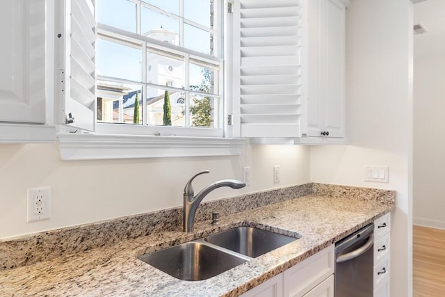 kitchen featuring light stone countertops, sink, white cabinetry, and stainless steel dishwasher