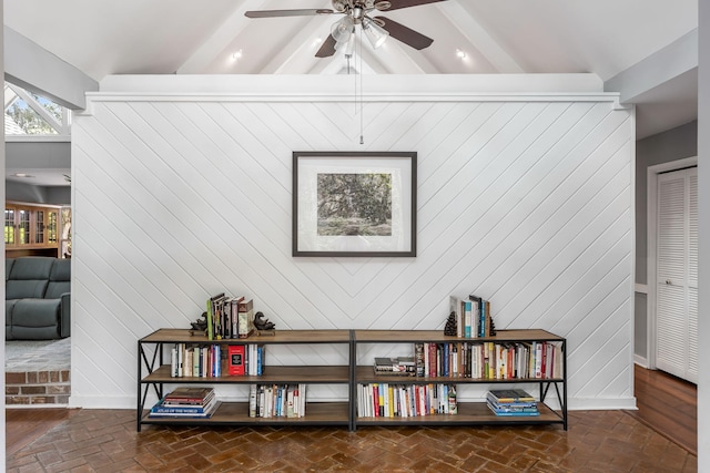 2500 The Bent Twig, Seabrook Island, SC 29455 - living area featuring a ceiling fan, baseboards, brick floors, and wooden walls