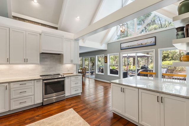 2500 The Bent Twig, Seabrook Island, SC 29455 - kitchen featuring stainless steel electric range, high vaulted ceiling, backsplash, dark wood-style floors, and white cabinets