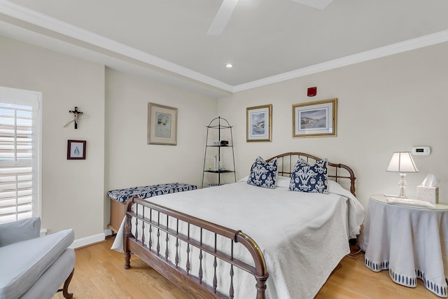 225 Seven Farms Dr Unit 307, Daniel Island, SC 29492 - bedroom with light wood-style flooring, recessed lighting, ornamental molding, and a ceiling fan