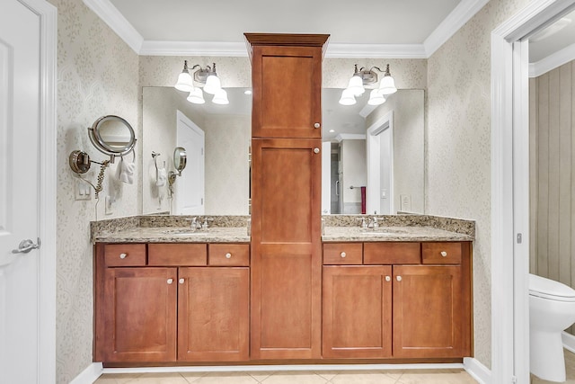 225 Seven Farms Dr Unit 307, Daniel Island, SC 29492 - full bathroom with wallpapered walls, double vanity, ornamental molding, and a chandelier