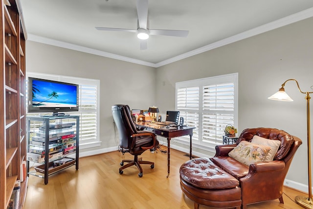225 Seven Farms Dr Unit 307, Daniel Island, SC 29492 - office area with light wood-type flooring, ceiling fan, plenty of natural light, and crown molding