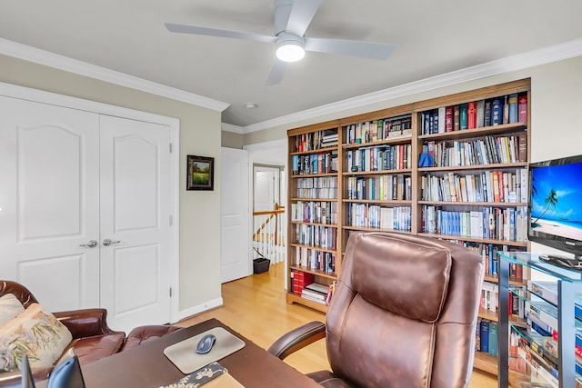 225 Seven Farms Dr Unit 307, Daniel Island, SC 29492 - office with ornamental molding, light wood-style floors, and ceiling fan