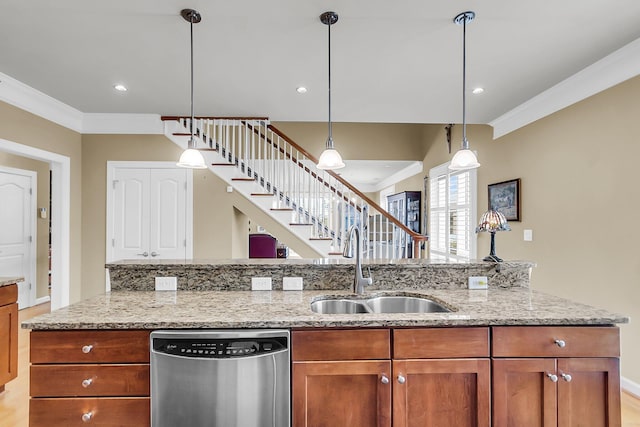225 Seven Farms Dr Unit 307, Daniel Island, SC 29492 - kitchen featuring stainless steel dishwasher, ornamental molding, brown cabinetry, light stone counters, and pendant lighting