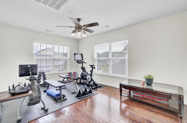 145 Woodbrook Way, Moncks Corner, SC 29461 - workout area featuring wood finished floors, a ceiling fan, and baseboards