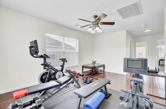 145 Woodbrook Way, Moncks Corner, SC 29461 - exercise room with healthy amount of natural light, wood finished floors, a ceiling fan, and baseboards