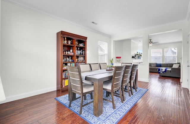 145 Woodbrook Way, Moncks Corner, SC 29461 - dining space with dark wood-type flooring, baseboards, crown molding, and ceiling fan