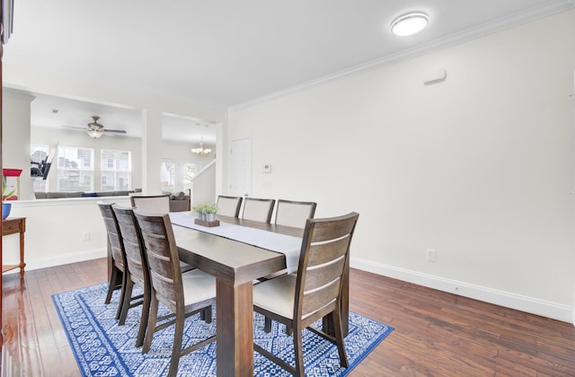 145 Woodbrook Way, Moncks Corner, SC 29461 - dining area with wood-type flooring, ornamental molding, baseboards, a chandelier, and a ceiling fan