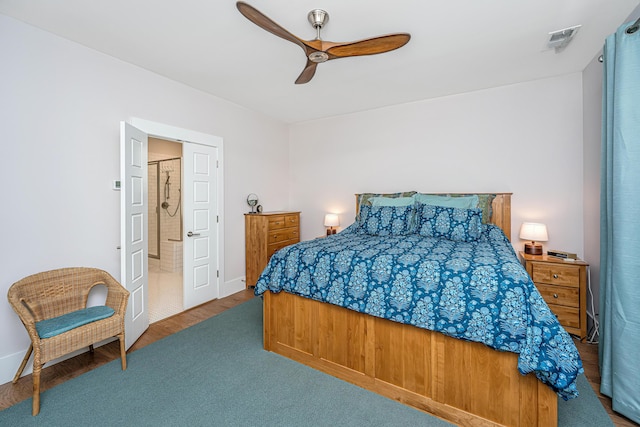 bedroom featuring visible vents, a ceiling fan, and baseboards