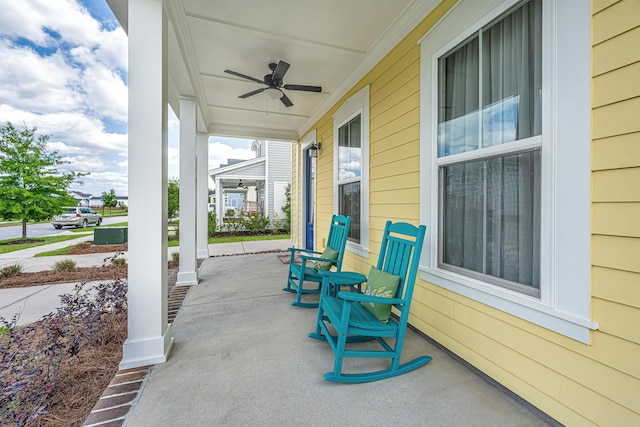 view of patio featuring a porch and ceiling fan