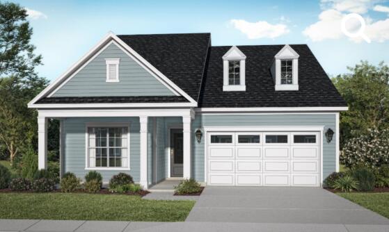 view of front facade with a porch, concrete driveway, a shingled roof, and a front yard