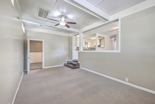 unfurnished living room featuring ceiling fan and light carpet