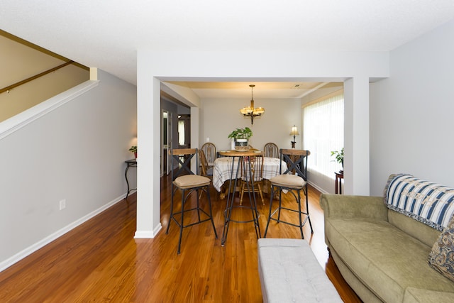 dining room with wood-type flooring and a chandelier