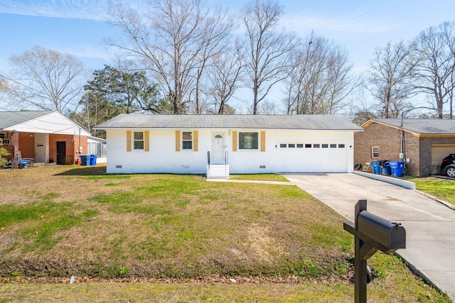 ranch-style home featuring a front yard, an attached garage, driveway, and crawl space