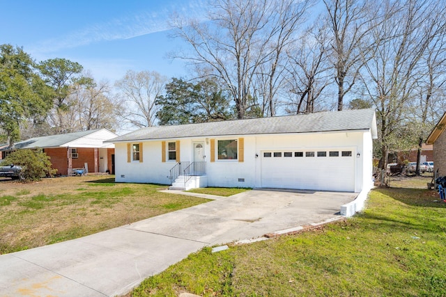 ranch-style house with crawl space, driveway, a front yard, and an attached garage