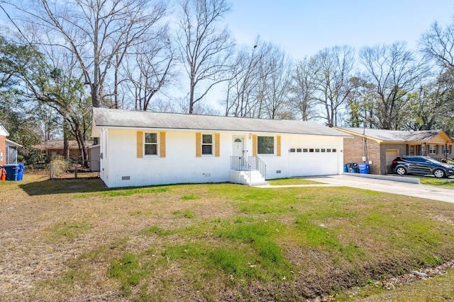 ranch-style house with brick siding, fence, driveway, crawl space, and an attached garage