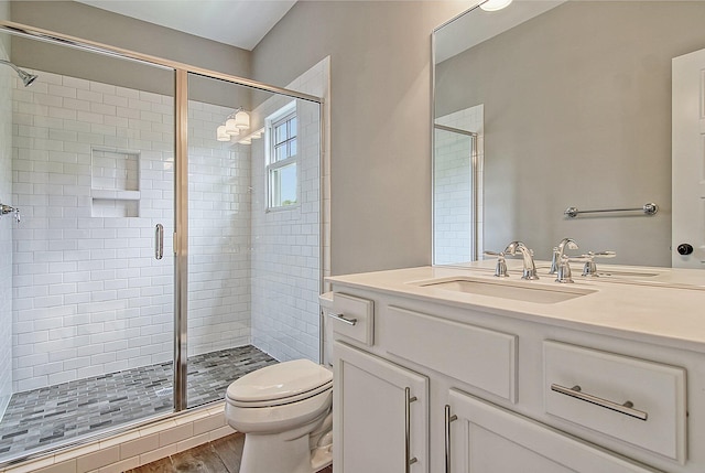 bathroom with vanity, toilet, wood-type flooring, and walk in shower