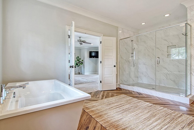 bathroom with separate shower and tub, parquet floors, crown molding, sink, and ceiling fan