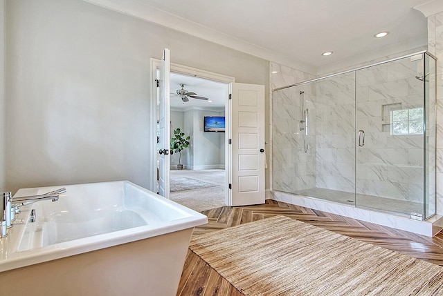 interior space with separate shower and tub, crown molding, sink, parquet flooring, and ceiling fan