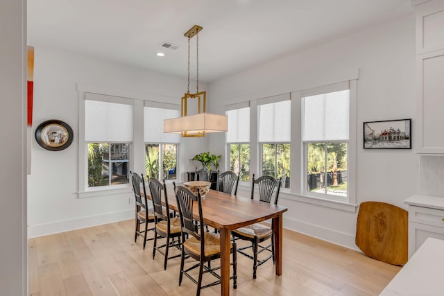 dining space with light hardwood / wood-style floors and a healthy amount of sunlight