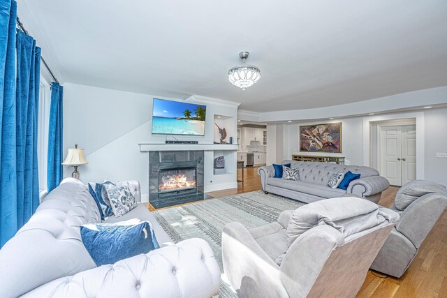 living room featuring wood finished floors and a tiled fireplace