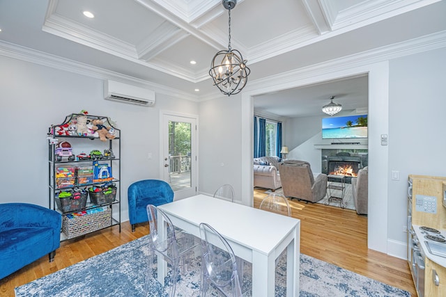home office with a wall mounted AC, a tiled fireplace, light wood-type flooring, crown molding, and coffered ceiling